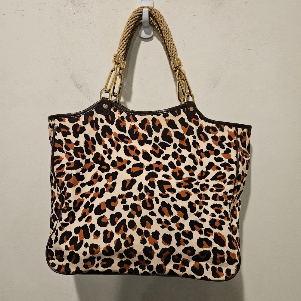 Women's Tory Burch Leopard Print Large Tote Bag Rope Handles Brown Beige - Picture 4 of 12